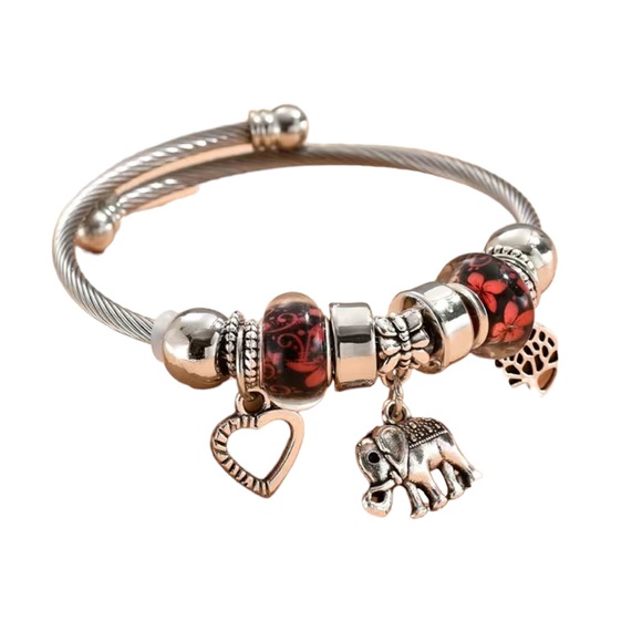 Boho Silver and Red Bangle Charm Bracelet - Picture 5 of 6